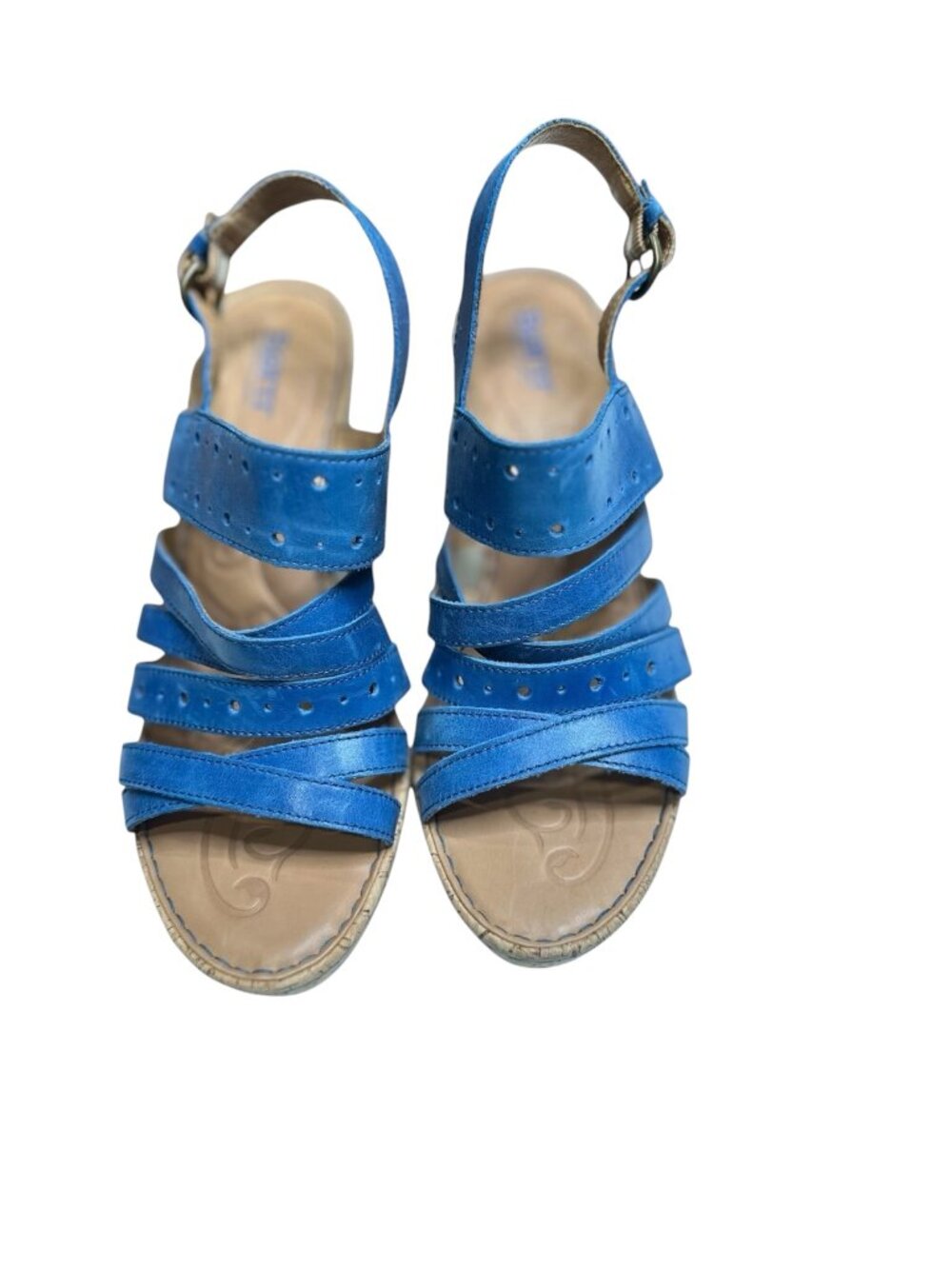Born Blue Leather Cork Wedge Sandals Women’s Size 10 / EU 42 Comfort Slingback